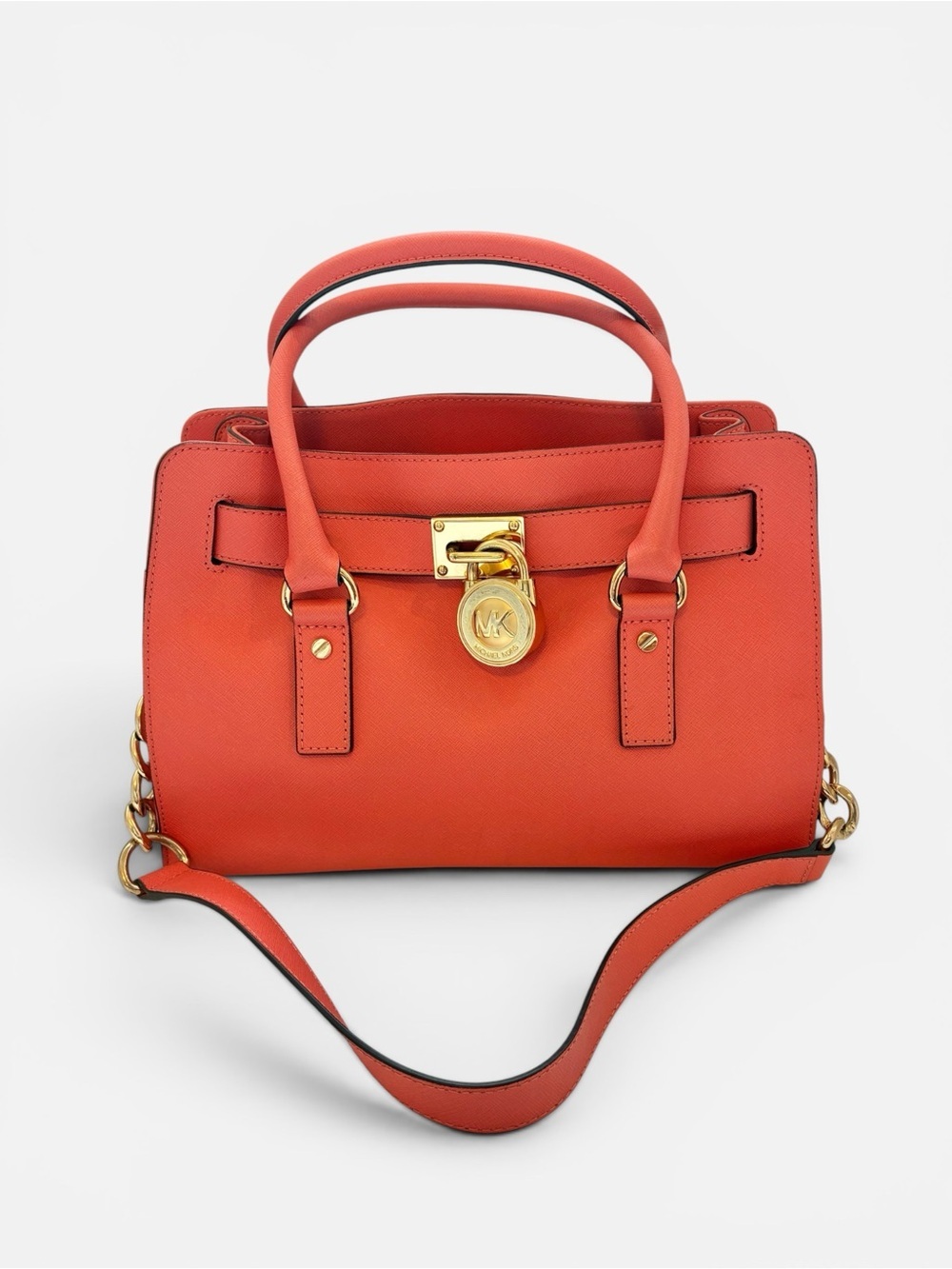 Michael Kors Hamilton Coral Pink Saffiano Leather Satchel Bag Gold Lock